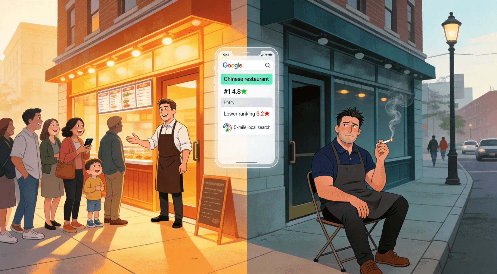 Two restaurants compared by Google Maps ranking and local visibility