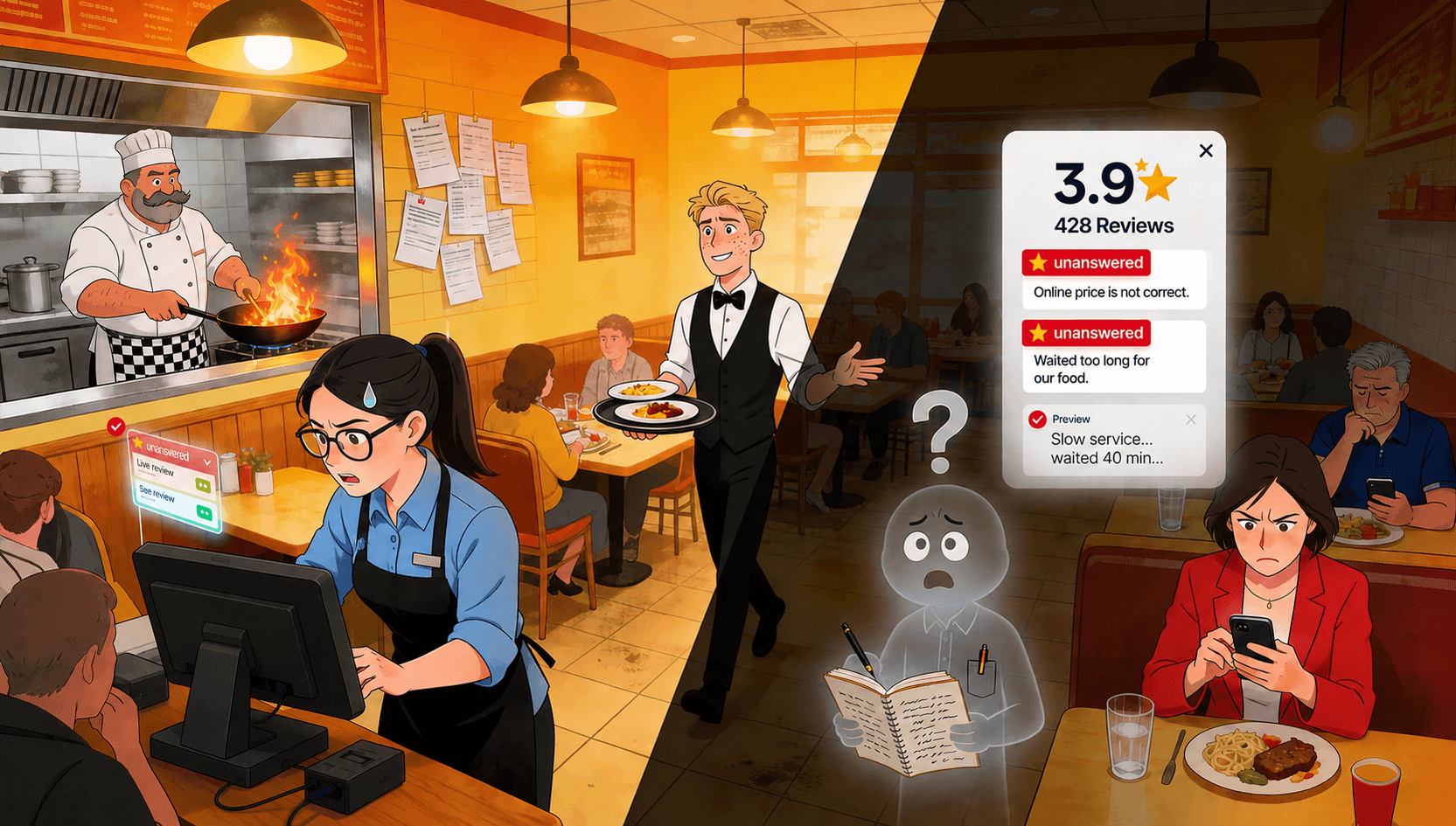 Busy restaurant service next to unanswered guest reviews