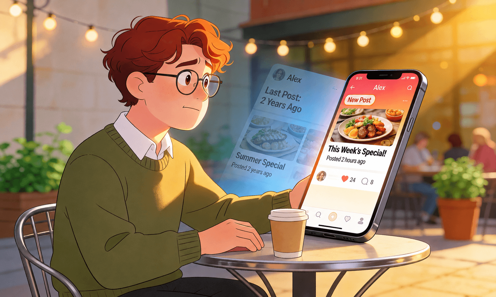 A quiet restaurant social page compared with a recent post