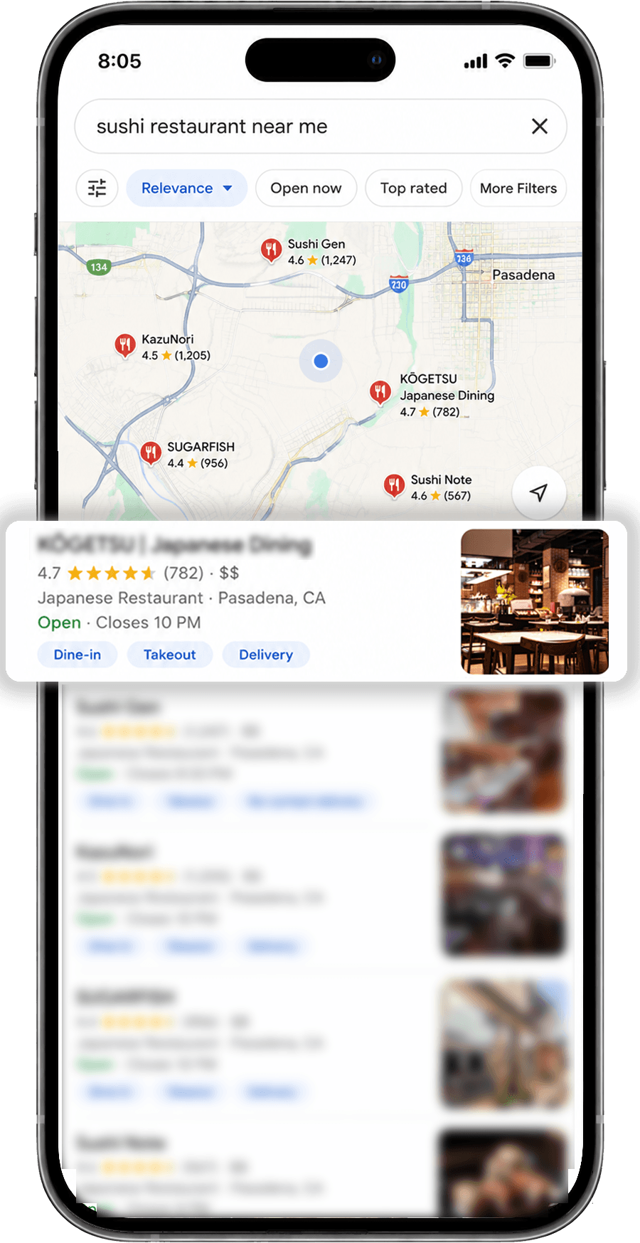 Sample restaurant listing with ratings and hours
