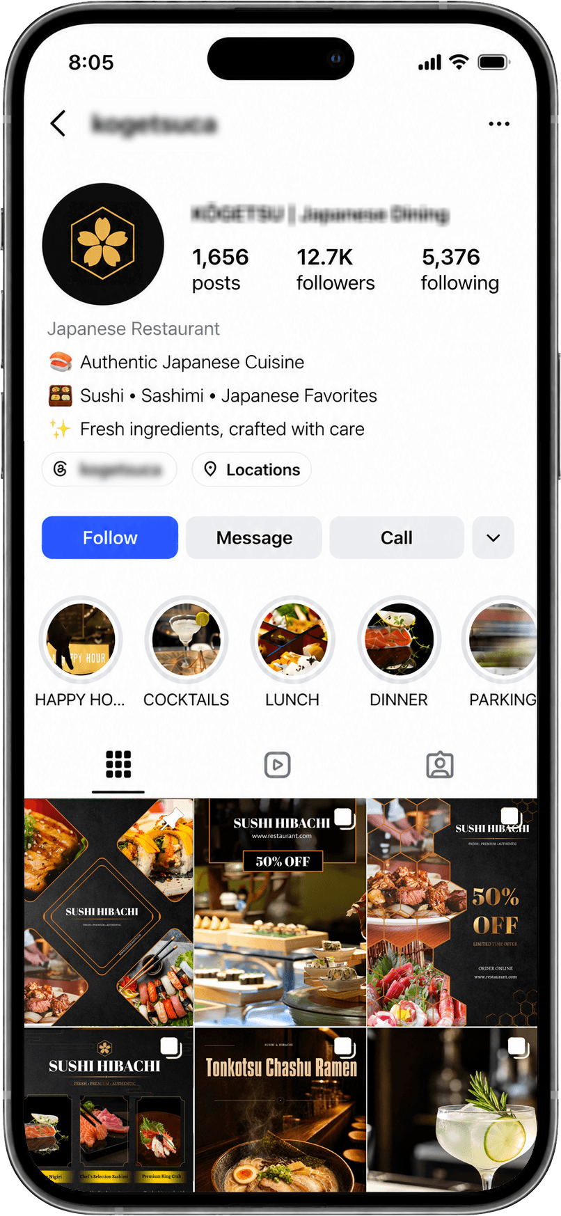 Sample restaurant Instagram profile